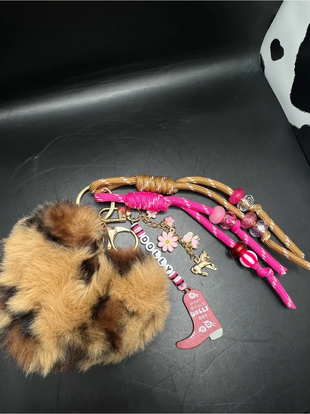 Dolly Inspired Gold Cheetah Heart Fur Pom Bag Charm Keychain 🐎💗